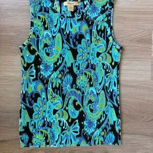 Vintage Plissé Teal and Green Paisley Micro-Pleat Sleeveless Shell Top